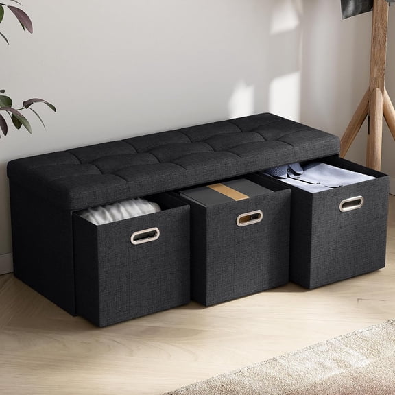 Storage Ottoman with 3 Drawers, 40 Inches Long Foldable Tufted Linen Large Bench Ottoman with Storage, Foot Rest Stool Seat, for Living Room, Bedroom, Entryway, Black