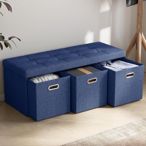 Storage Ottoman with 3 Drawers, 40 Inches Long Foldable Tufted Linen Large Bench Ottoman with Storage, Foot Rest Stool Seat, for Living Room, Bedroom, Entryway, Navy Blue
