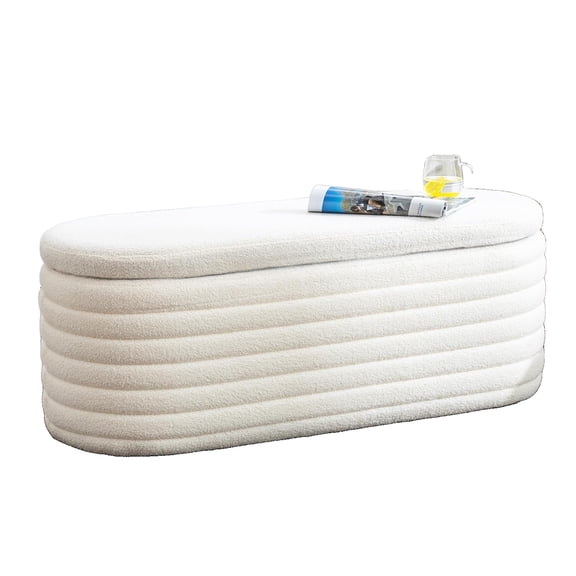 Storage Ottoman Bench, 1-Piece 45.5 x 17 x 18-Inch White Teddy Boucle with Rubberwood Frame, Hidden Storage and Seating for Bedroom