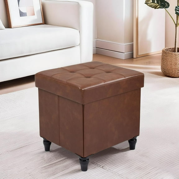 Storage Ottoman Bench, 15 Inches Foldable Ottoman Foot Stool with Legs, PU Leather Footrest for Living Room, Bedroom, Dorm (Brown)