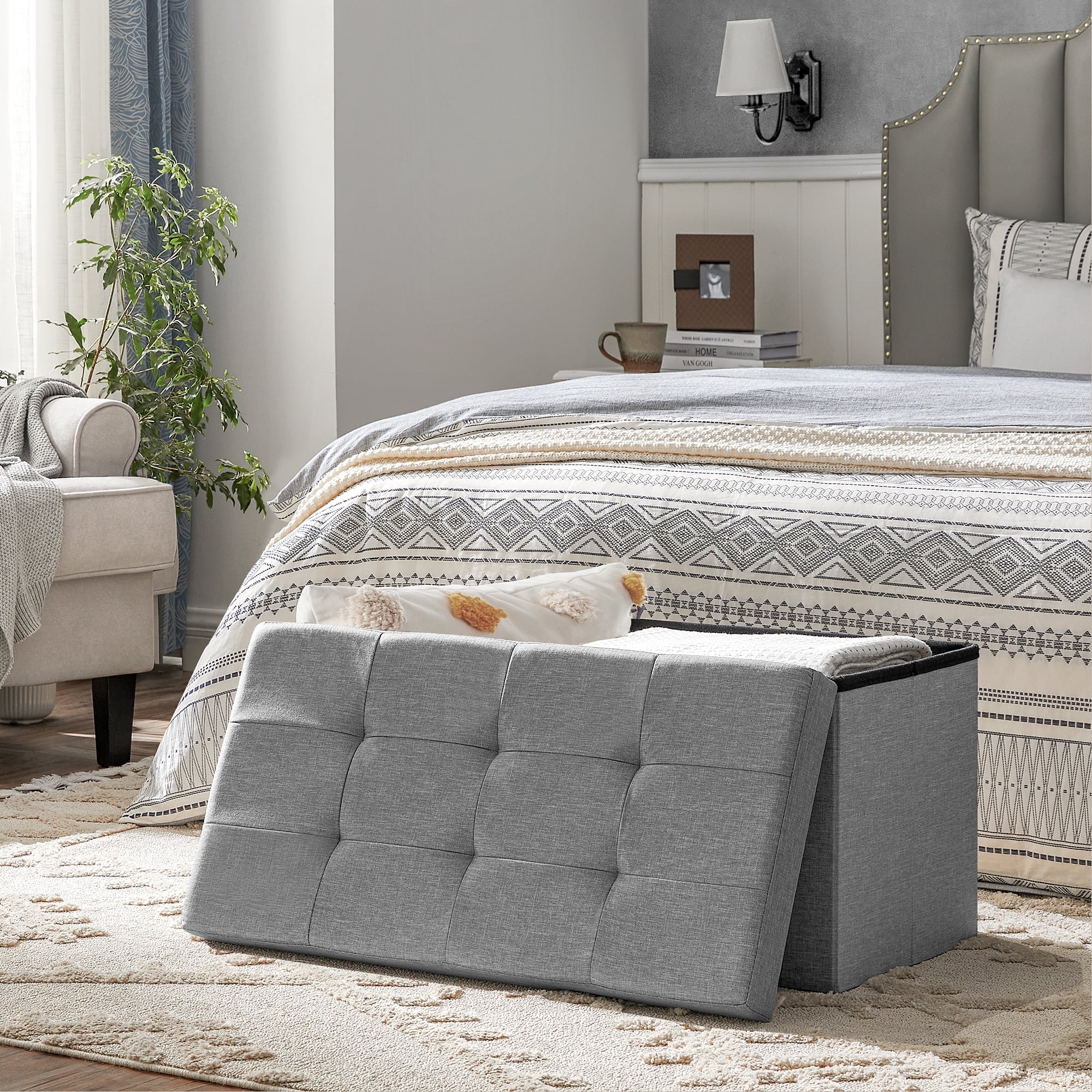 SONGMICS Storage Ottoman Bench, 15 x 30 x 15 Inches, Ottoman with Storage, End of Bed Bench, for Living Room, Bedroom, Ash Gray