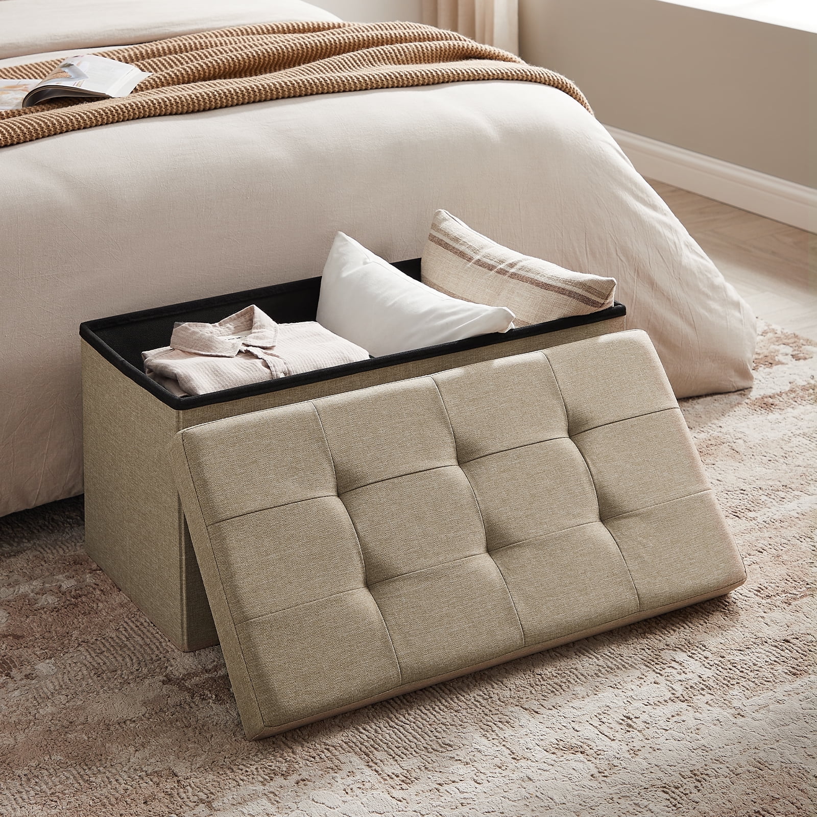 SONGMICS Storage Ottoman Bench, 15 x 30 x 15 Inches, Ottoman with Storage, End of Bed Bench, for Living Room, Bedroom, Camel Brown