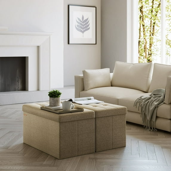 SONGMICS Storage Ottoman Bench, 15 x 43 x 15 Inches, Ottoman with Storage, End of Bed Bench, for Living Room, Bedroom, Camel Brown