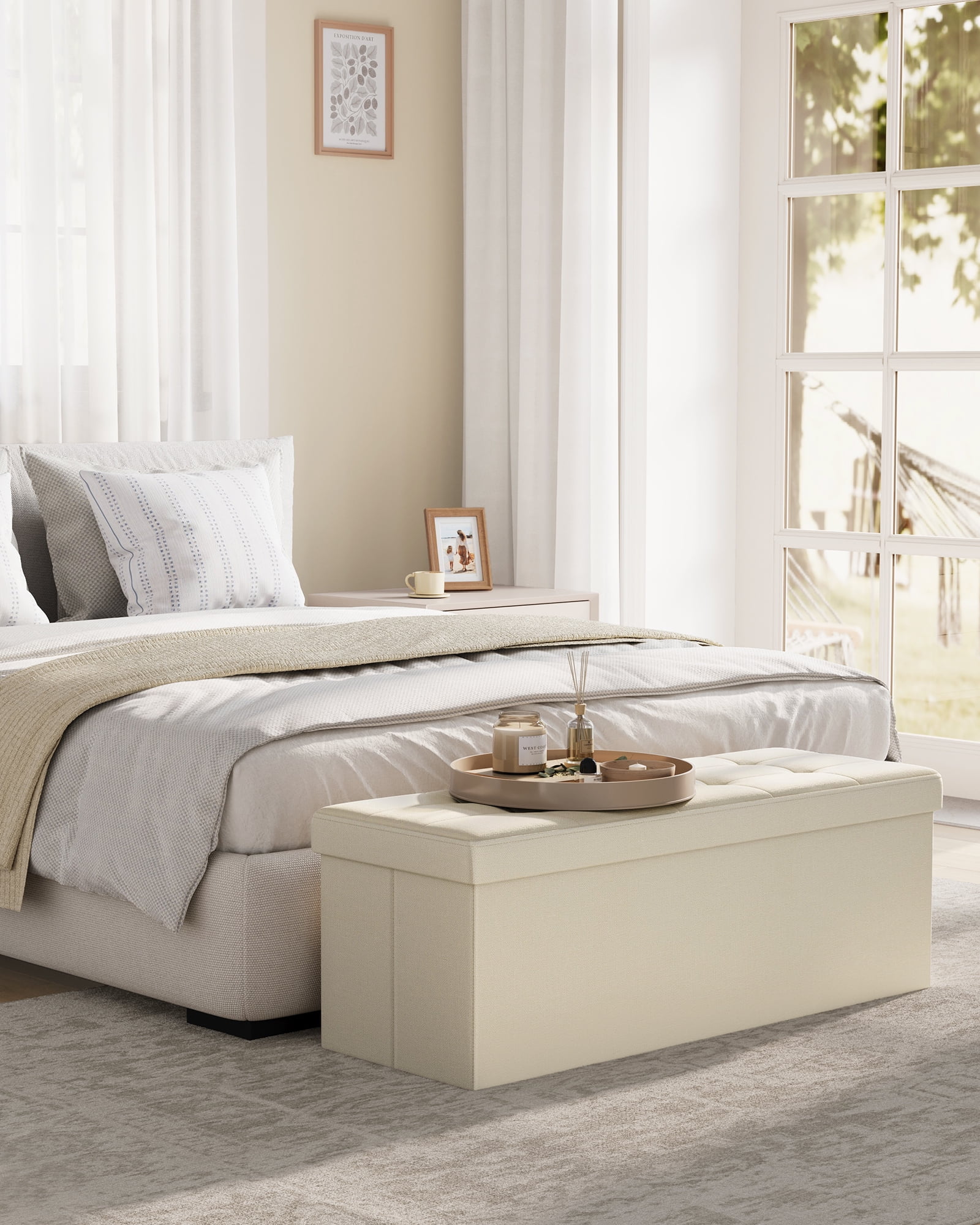 SONGMICS Storage Ottoman Bench, 15 x 43 x 15 Inches, Ottoman with Storage, End of Bed Bench, for Living Room, Bedroom, Cream White