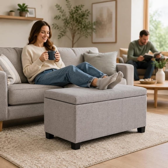 Storage Ottoman Bench, 36 Inch, Cloud Grey Linen Look Fabric, Solid Wood Frame, Entryway Seating