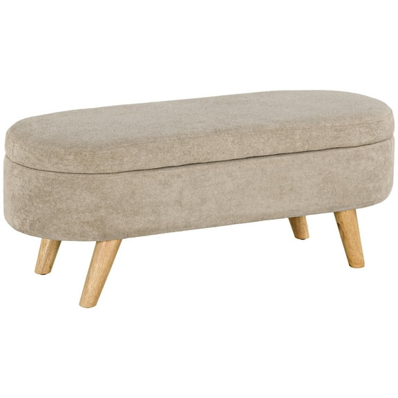 Storage Ottoman Bench: 43.3" Teddy Fleece Upholstered Entryway Bench with Hidden Storage, Modern Oval Bench for Bedroom, Beige