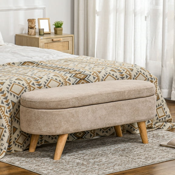 Storage Ottoman Bench 43.3", Upholstered End of Bed Bench with Hidden Storage, Teddy Fleece Bedroom Bench, Solid Wood Legs, Beige
