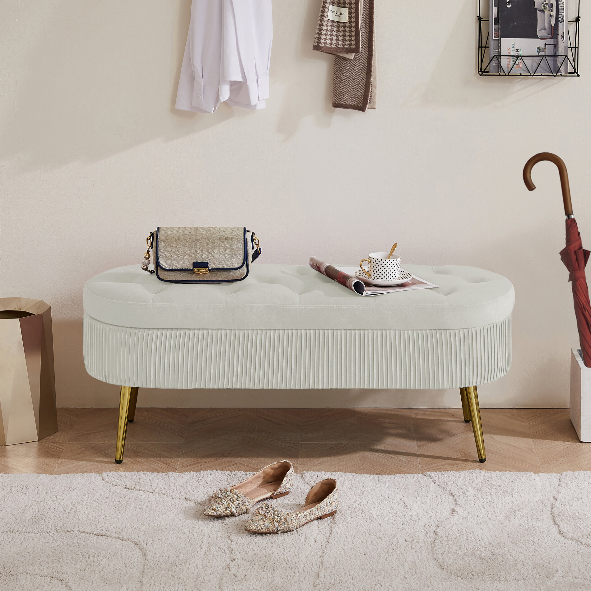 Storage Ottoman Bench, 43.3" Upholstered Velvet End of Bed Bench for ...