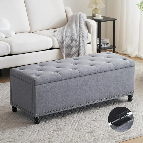 Storage Ottoman Bench, 46 Inch Storage Bench Modern Button-Tufted Ottoman Bench with Safety Hinge Upholstered Linen Fabric Decor for Living Room, Entryway, End of Bed Bench (Grey)