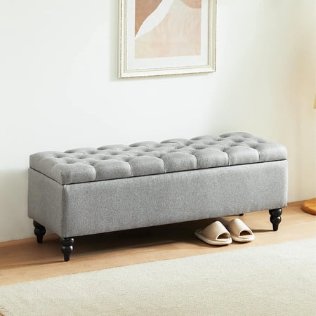Storage Ottoman Bench, 50.2 Inches Upholstered Fabric Storage Ottoman Bench, Button Tufted Ottoman with Large Storage, End of Bed Bench, for Living Room, Entryway, Bedroom (Grey)