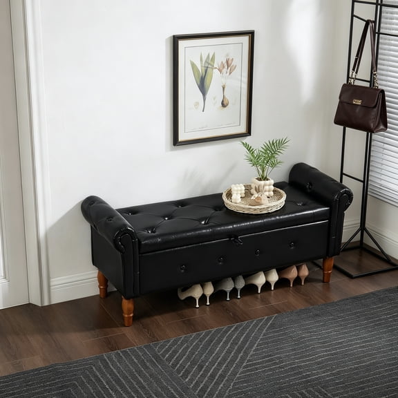 Storage Ottoman Bench, 50" Modern Upholstered End of Bed Bench, Faux Leather Rolled Armed Button-Tufted Ottoman with Storage for Living Room, Entryway, Window, Black