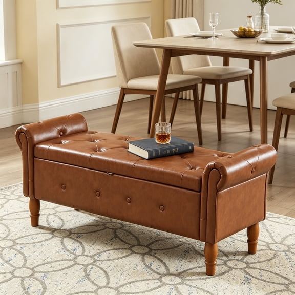 Storage Ottoman Bench, 50" Modern Upholstered End of Bed Bench, Faux Leather Rolled Armed Button-Tufted Ottoman with Storage for Living Room, Entryway, Window, Brown