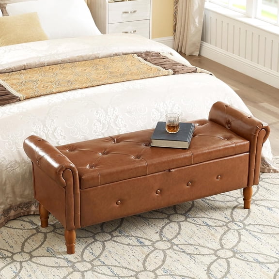 Storage Ottoman Bench, 50" Modern Upholstered End of Bed Bench, Faux Leather Rolled Armed Button-Tufted Ottoman with Storage for Living Room, Entryway, Window, Brown