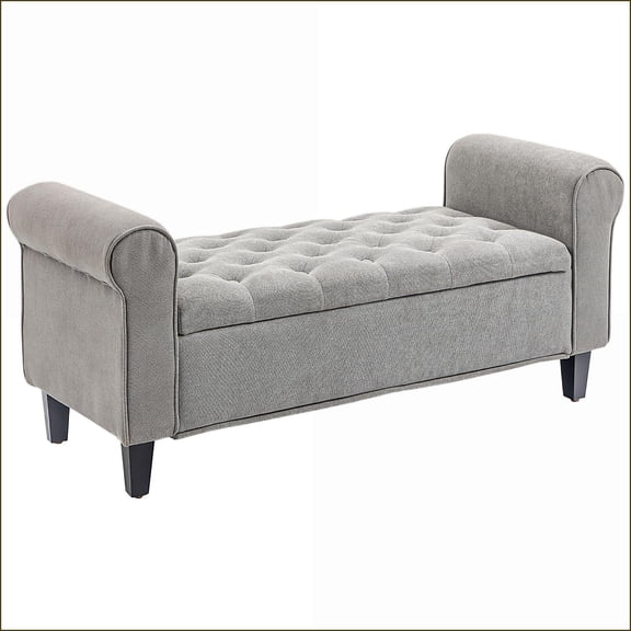 Storage Vanity Stools Bench, 50 Traditional Tufted with Wood Legs & Safety Hinges for Living Room/Entryway/Bedroom | Light Gray | Velvet