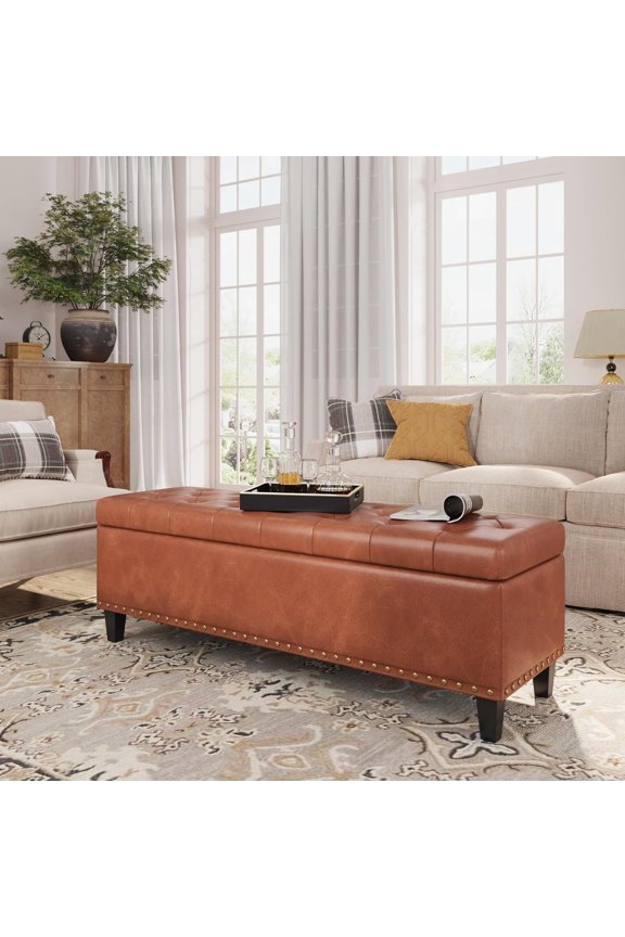 Storage Ottoman Bench, 51-Inch Large Storage Bench for Bedroom End of Bed, 30 Gallons Faux Leather Bench for Bedroom, Living Room, Entryway, Hallway, Brown