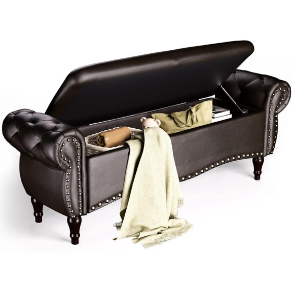 Storage Ottoman Bench, 51" Length Upholstered End of Bed Storage Bench for Bedroom with Safety Hinge, Tufted Bed Benches with Rolled Arm and Nailhead Trim for Living Room, Entryway Dark Brown