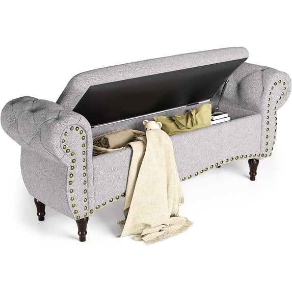 Storage Ottoman Bench, 53" Length Upholstered End of Bed Storage Bench for Bedroom with Safety Hinge, Tufted Bed Benches with Rolled Arm and Nailhead Trim for Living Room, Entryway