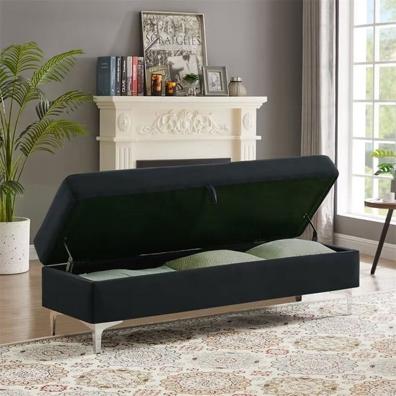 Storage Ottoman Bench, 55.9" Velvet Fabric Upholstered Entryway Bench Foot Stool for Living Room Bedroom, Rectangular Storage Trunk for Toys, Blankets Organizer End of Bed Bench, Black
