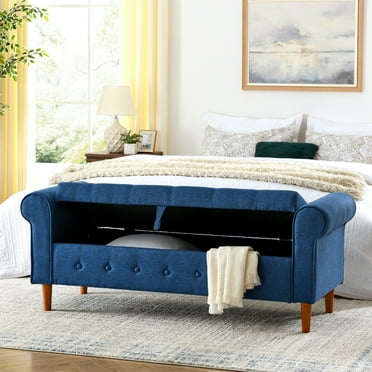 Storage Ottoman Bench, 62" Tufted Button End of Bed Bench Bedroom Entryway Bench with Storage and Tufted Armrest, Window Bench End of Bed Storage Bench for Living Room, Dining Room, Hallway, Blue