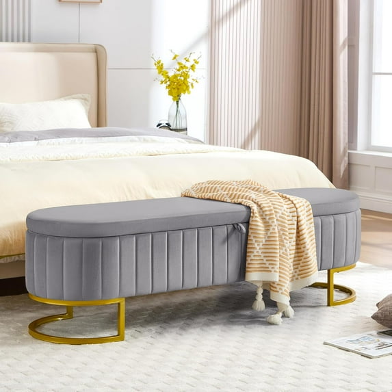 Storage Ottoman Bench, 63" Velvet End of Bed Bench Bedroom Bench King Size with Golden Metal Legs, Upholstered Storage Bench for Bedroom Living Room Entryway and Window, Light Grey