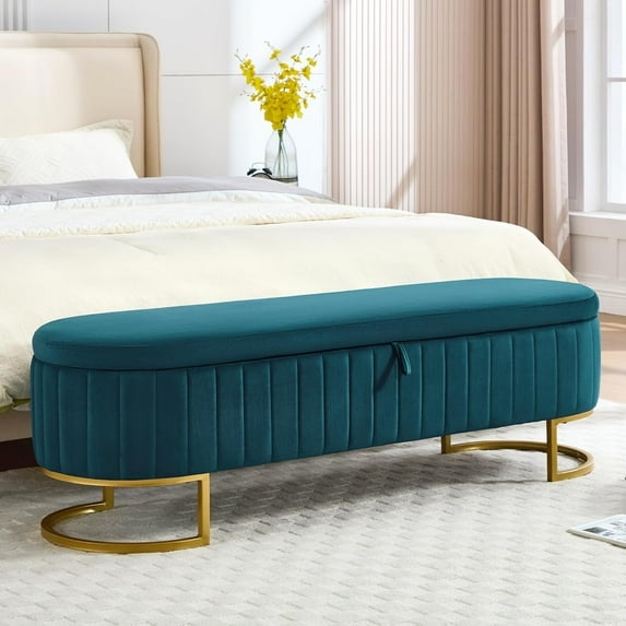 Storage Ottoman Bench, 63" Velvet End of Bed Bench Bedroom Bench King Size with Golden Metal Legs, Upholstered Storage Bench for Bedroom Living Room Entryway and Window, Green