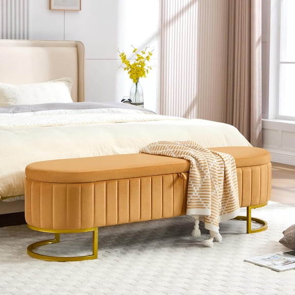 Storage Ottoman Bench, 63" Velvet End of Bed Bench Bedroom Bench King Size with Golden Metal Legs, Upholstered Storage Bench for Bedroom Living Room Entryway and Window, Orange