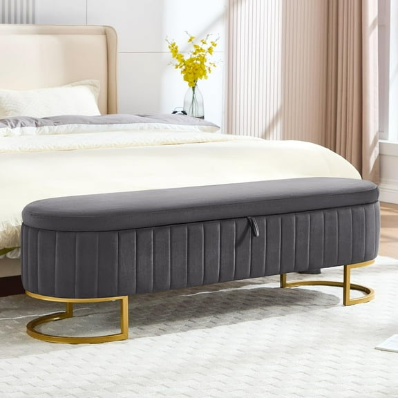 Storage Ottoman Bench, 63" Velvet End of Bed Bench Bedroom Bench King Size with Golden Metal Legs, Upholstered Storage Bench for Bedroom Living Room Entryway and Window, Dark Grey