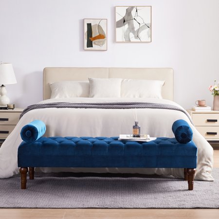 Storage Ottoman Bench with Arms, 60.2" Velvet End of Bed Bench for Bedroom, Button Tufted Storage Bench for Entryway, Living Room,Hallway, Large Storage Bench Foot Rest (Blue)