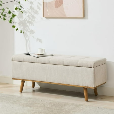 Storage Ottoman Bench for Bedroom, 45" End of Bed Bench with Linen Upholstery, Ottoman with Storage for Living Room, Bench with Storage and Wood Legs(Beige)