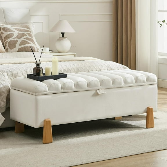 Storage Ottoman Bench for Bedroom Small Spaces 48.6 Inch with Hinged Lid Solid Wood Tapered Legs Tufted Upholstered Fabric for Living Room & Bedroom, Beige