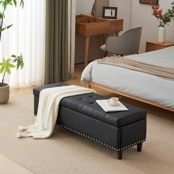 Storage Ottoman Bench, Bedside Stool Footstool with Safety Hinge and Copper Nails, PU Leather Button Tufted End of Bed Stool for Living Room, Entryway, Hallway, Porch, 51" Black