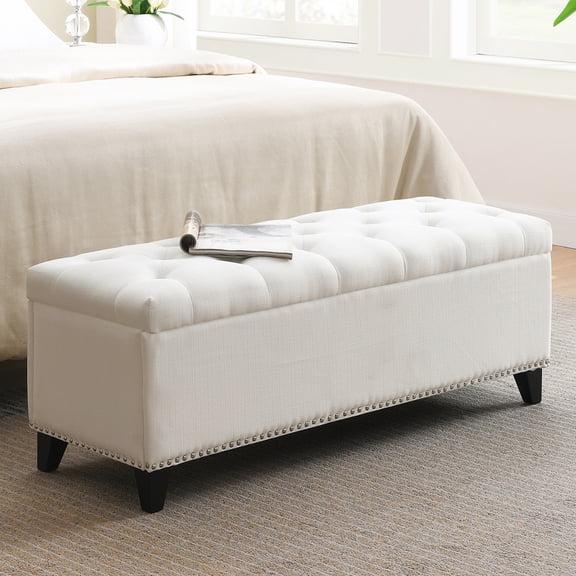 Storage Ottoman Bench Upholstered End of Bed Bench with Nailhead Trim for Bedroom, Beige