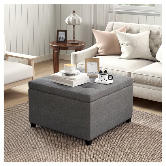 Storage Ottoman Bench, Button Tufted Ottoman with Flip Top - Living Room, Bedroom, Entryway - Gray