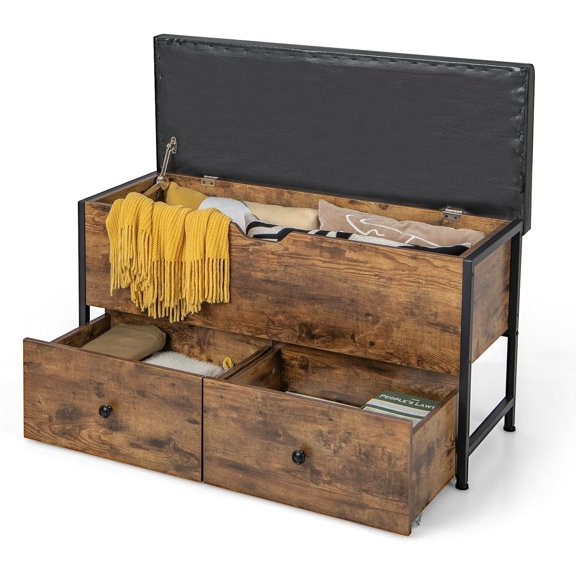 Storage Ottoman Bench with Drawers, Flip-top Wooden Shoe Storage Bench with Padded Seat, 2 Drawers on Wheels, Industrial Footrest Footstool for Entryway, Bedroom, Living Room
