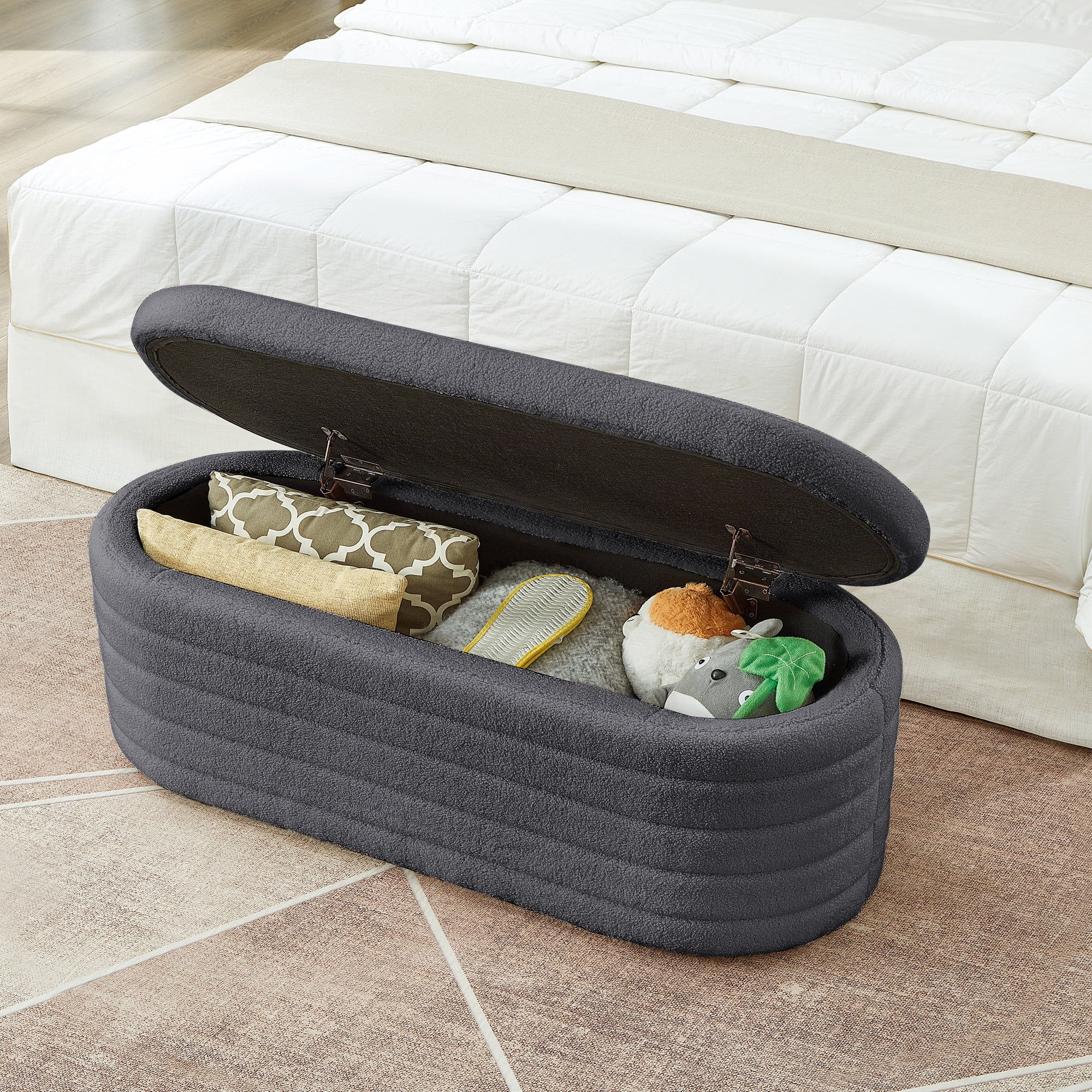 Storage Ottoman Bench End of Bed for Bedroom,43 inch Teddy Boucle Upholstered Entryway Shoe Seat Bench w/Storage,Sherpa Modern Cute Stool Foot Rest for Living Room,Window Seating,Dark Gray