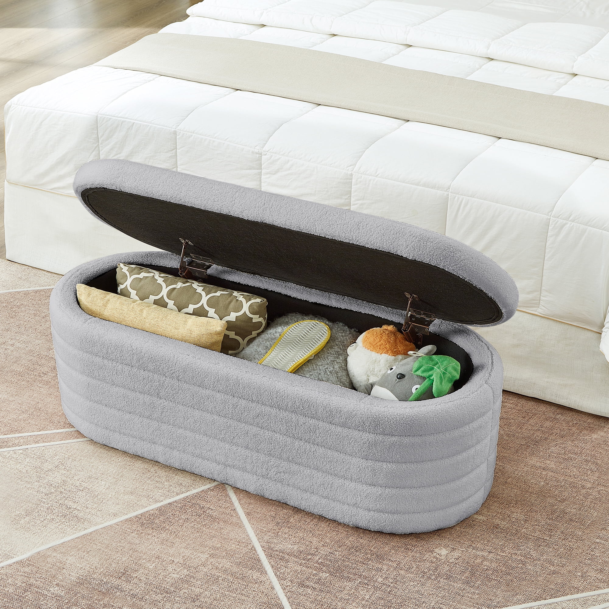 Storage Ottoman Bench End of Bed for Bedroom,43 inch Teddy Boucle Upholstered Entryway Shoe Seat Bench w/Storage,Sherpa Modern Cute Stool Foot Rest for Living Room,Window Seating,Light Gray