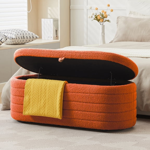 Storage Ottoman Bench End of Bed for Bedroom,43 inch Teddy Boucle Upholstered Entryway Shoe Seat Bench w/Storage,Sherpa Modern Cute Stool Foot Rest for Living Room,Window Seating,Orange