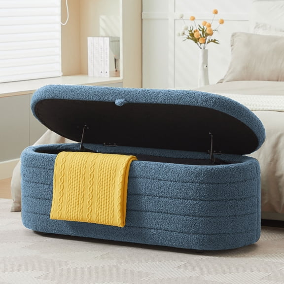 Storage Ottoman Bench End of Bed for Bedroom,43 inch Teddy Boucle Upholstered Entryway Shoe Seat Bench w/Storage,Sherpa Modern Cute Stool Foot Rest for Living Room,Window Seating,Blue