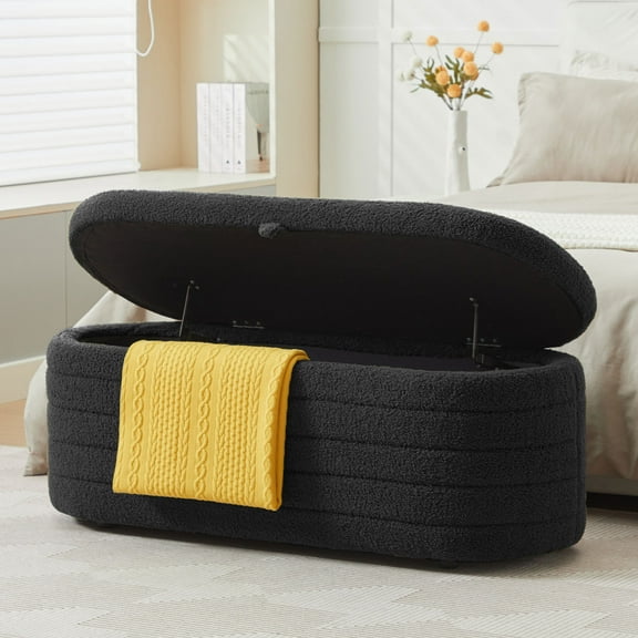 Storage Ottoman Bench End of Bed for Bedroom,45.5 inch Teddy Boucle Upholstered Entryway Shoe Seat Bench w/Storage,Sherpa Modern Cute Stool Foot Rest for Living Room,Window Seating,No Leg,Black