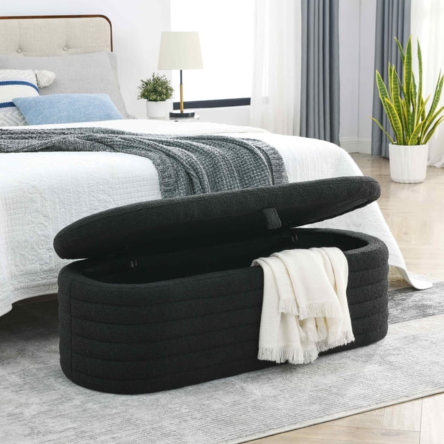 45 Inch Storage Ottoman Bench – Boucle Upholstered, With Lid, Green, For Bedroom Or Entryway