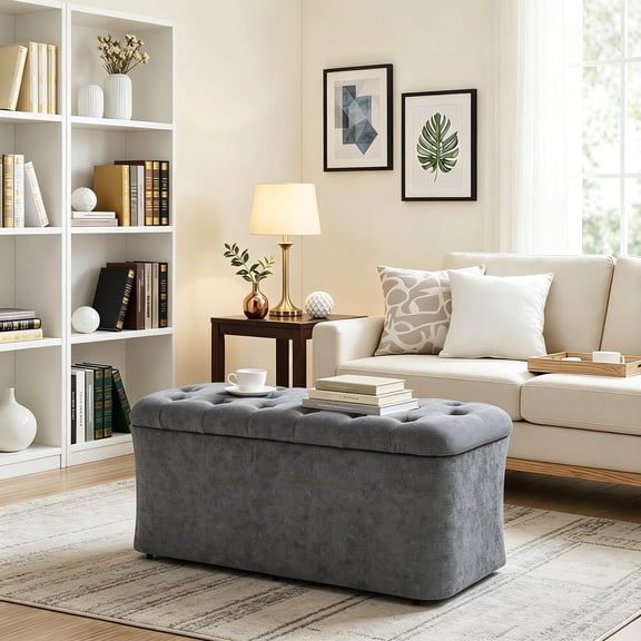 Storage Ottoman Bench, End of Bed Bench, 39.8" x 18.1" x 17.7" Pouf Ottoman Foot Rest, Storage Bench Chest for Bedroom, Entryway, Living Room, Max 330 lbs, Grey