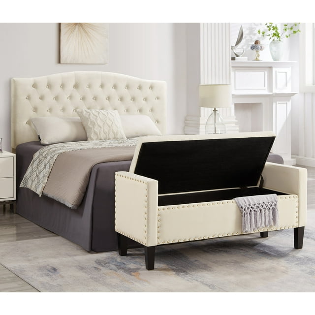 Storage Ottoman Bench, End of Bed Bench Bedroom Bench with Armrest, Built-in Nails Trim, Storage Bench for Bedroom in Velvet, Ottoman Bench for Living Room, Entryway, Dining Room, Hallway, Cream