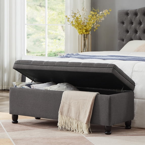 Storage Ottoman Bench, End of Bed Bench Bedroom Bench with Tufted Seating & Spindle Wooden Legs, Storage Bench for Bedroom in Linen, Ottoman Bench for Living Room, Entryway, Dining Room, Dark Grey