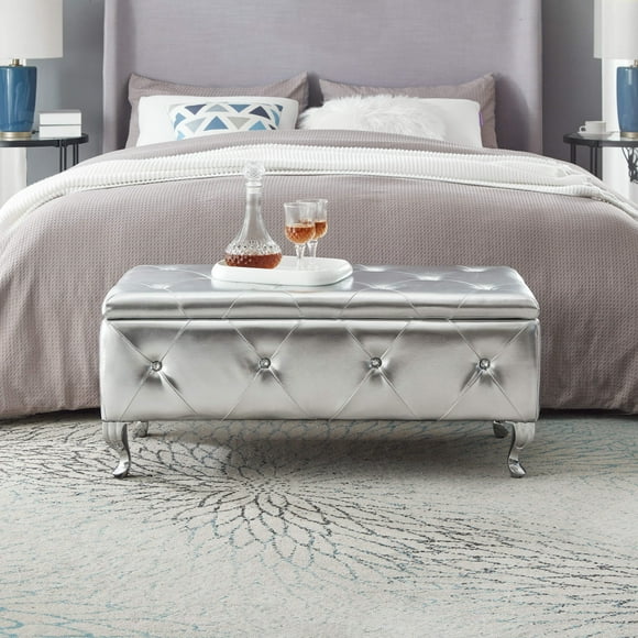 Storage Ottoman Bench, End of Bed Bench Bedroom Bench with Tufted Seating and Metal Legs, Storage Bench for Bedroom in Linen, Ottoman Bench for Living Room, Dining Room, Entryway, Bedrooom, Silver