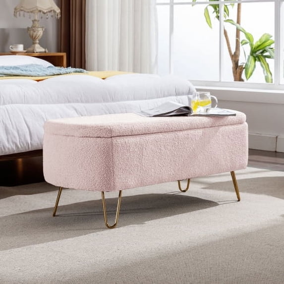 Storage Ottoman Bench,End of Bed Bench with Large Storage Space and Metal Legs,Upholstered Entryway Bench for Living Room Bedroom End of Bed Entryway,Pink