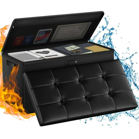 Storage Ottoman Bench,Fireproof Folding Bench with Lock,30 Fire&Water Resistant Storage Chest Foot Rest Stool Leather Bench with Storage Safe for Document,Valuables,Black