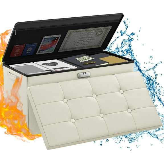 Storage Ottoman Bench,Fireproof Folding Bench with Lock,30 Fire&Water Resistant Storage Chest Foot Rest Stool Leather Ottoman Safe for Documents,Valuables, Beige