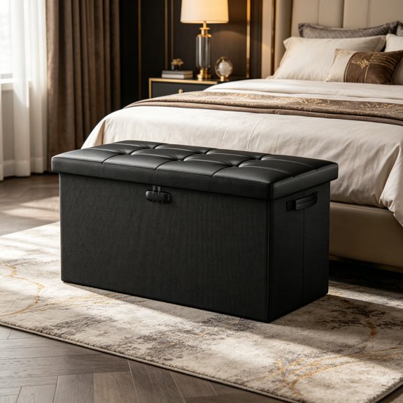 Storage Ottoman Bench, Fireproof Folding Bench with Lock, 30 Inches Fire & Water Resistant Storage Chest Foot Rest Stool, Leather Bedroom Bench with Storage Safe for Valuables, Black