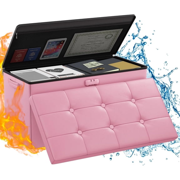 Storage Ottoman Bench,Fireproof Folding Bench with Lock,30 Inches FireWater Resistant Storage Chest Foot Rest Stool Leather Bedroom Ottoman Safe for Documents,Valuables, Pink
