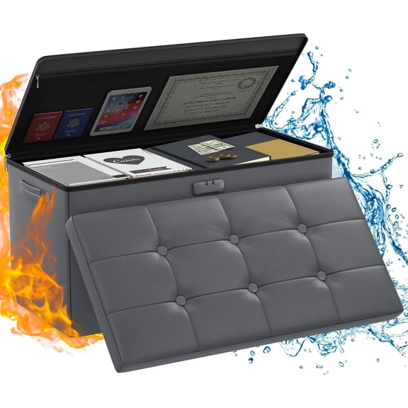 Storage Ottoman Bench,Fireproof Folding Bench with Lock,30 Inches Fire&Water Resistant Storage Chest Foot Rest Stool Leather Bedroom Ottoman Safe for Documents,Valuables,